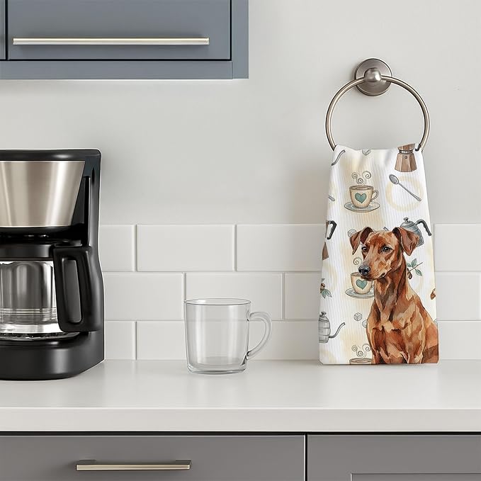 Caroline's Treasures Red German Pinscher Coffee Bar Kitchen Towel Velour Plush Front and Cotton Loop Back Machine Washable