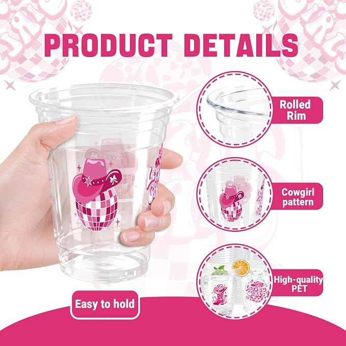 100 Pcs Pink Western Cowgirl Party Plastic Cups 12 OZ Disco Disposable Cups, Cowboy Hat Boot & Disco Ball Designs, Disco Cowgirl Party Baby Shower Decorations