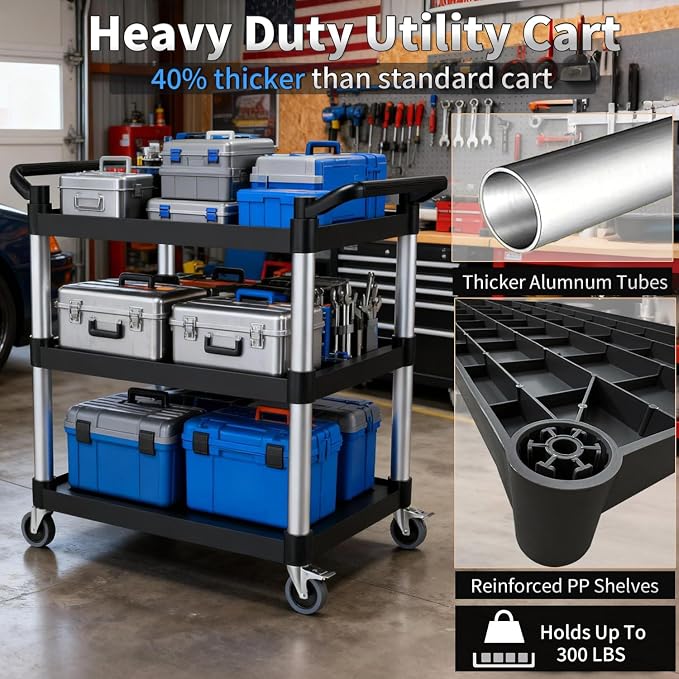 Plastic Utility Carts with Wheels, 3-Tier Rolling Service Cart, 300 lbs Heavy Duty Capacity with 4 inch Silent Casters(2 Lockable), for Home, Office, Restaurant, Warehouse.31.5"× 16" × 38"