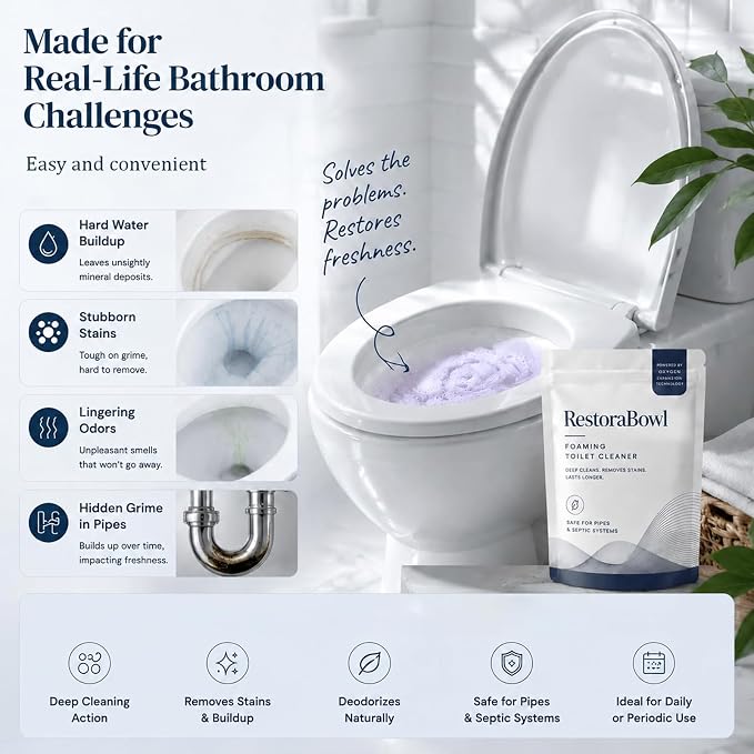 RestoraBowl Toilet Bowl Cleaner Foam, Bathroom Cleaning Powder for Daily Use, Oxygen-Based Fast Dissolving Formula, Helps Remove Stains & Maintain Freshness, 3.53 Oz.