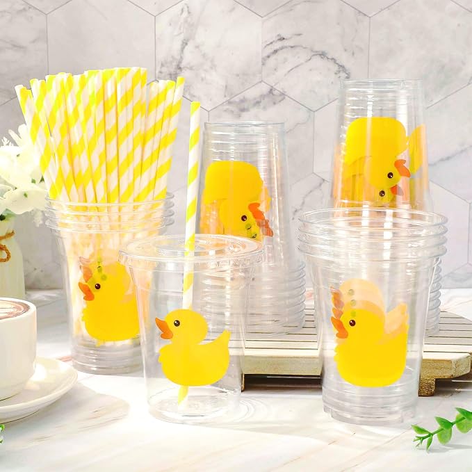 Whaline 50 Pcs Yellow Duck Plastic Cups with Lids and Straws 12 Oz Cute Duck Beverage Drinking Cups for Birthday Summer Pool Beach Party Supplies