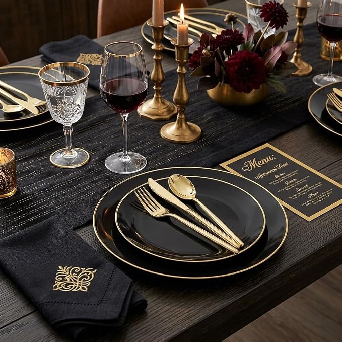 I00000 150Pcs Black Plastic Plates, Black Disposable Plates, Heavy Duty black plates for 30 Guests,Plastic Dinnerware Set Include 30 Dinner Plate,30 Dessert Plate,90 Gold Cutlery Set for Party