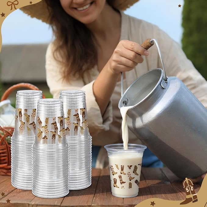 Jingmore 100 Pcs Western Plastic Cups 12 oz Clear Disposable Plastic Cowboy Cowgirl Drinking Cups Bulk for Boho Preppy Baby Shower Birthday Wild West Party Decoration Supplies(Cowboy Shoes,Brown)