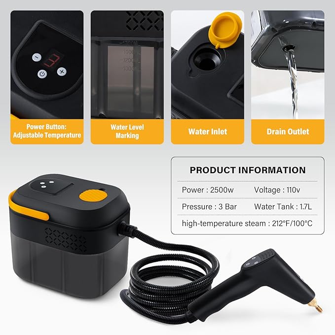 Lamberia Steam Cleaner with 16pcs Accessories, 2500W 1700ml 1.8 Quarts Tank, 6-Level Adjustable Portable Handheld Pressurized Steamer, 15s Heat-Up Steam Cleaner for Home, Car, Kitchen(YB, US Plug)