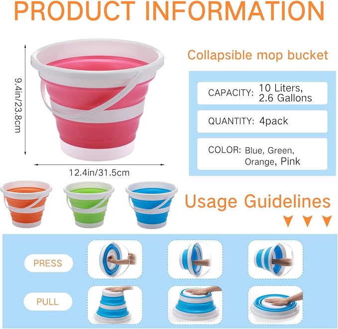 Pickmesh 4 Pcs Collapsible Bucket 2.6 Gallon (10l) Foldable Collapsible Sand Bucket with Handle Small Cleaning Pail for Household Outdoor Car Washing Camping Beach Sand(Blue, Green, Orange, Pink)