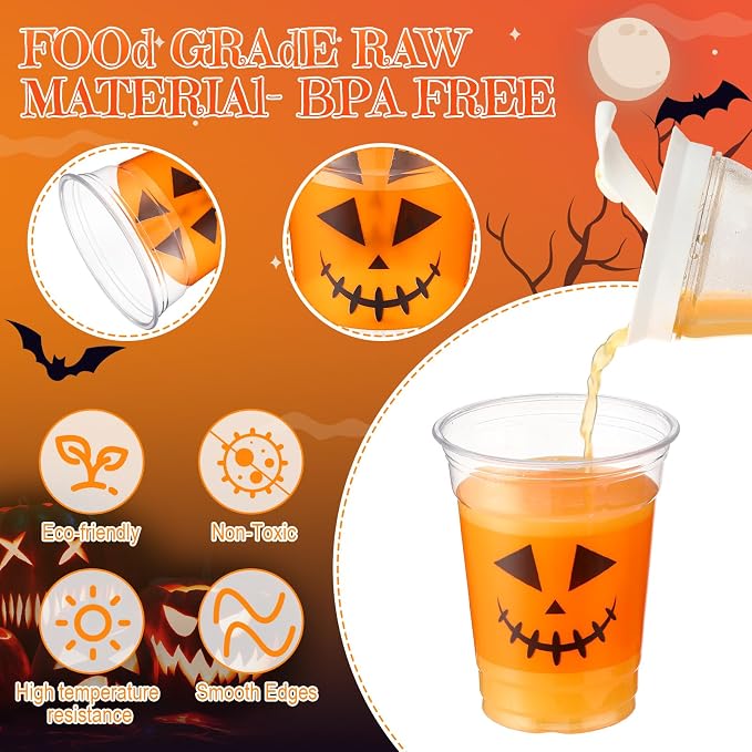 Bokon 100 Pcs Halloween 12 oz Plastic Cups Pumpkin Design Disposable Cocktail Glasses Happy Halloween Cute Disposable Cups for Coffee Juice Hot Cold Drinks Party Supplies 4 Styles