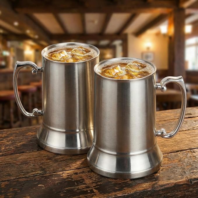 Goaste 2 Packs Tankard Style Beer Mugs, 20 OZ Double Walled Stainless Steel Beer Stein, Heat Insulated Coffee Mug Tumblers with Big Grip Handle for Hot or Cold Beverages, Milk, Tea, Bar Drinkaware