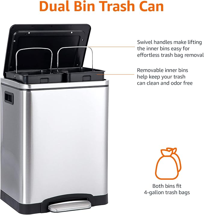 Amazon Basics 30L Dual Bin Soft-Close Trash can with Foot Pedal - 2 x 15 Liter Bins, Stainless Steel, Small Inner bins, Suitable for 1 or 2 People