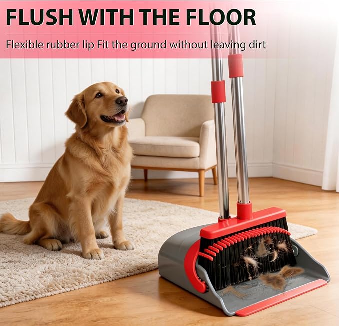 YZO Broom and Dustpan Set, 50.6-Inch Long Handle Standing Design, Dustpan Front Rubber Tight Seal, Broom with 5-Layer Bristles, Suitable for Living Room, Bedroom, Yard, Office and Apartment(Gray&Red)