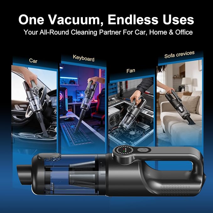 18000Pa Cordless Handheld Car Vacuum Cleaner – 35-Min Runtime, LED Light & LCD Screen, 2-in-1 Blower Function – Lightweight 1.9lb Portable Vacuum for Pet Hair, Home & Car Interior (Black)
