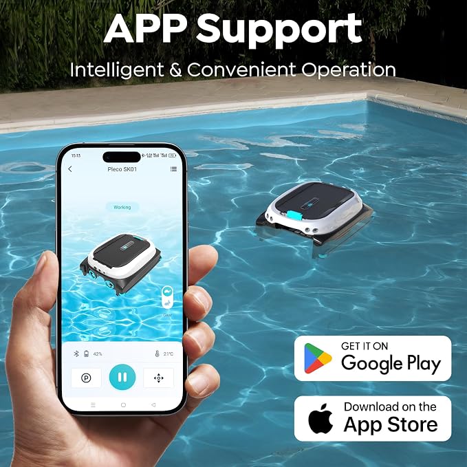 Pleco SK01 Solar Powered Pool Skimmer Robot with APP, Auto Surface Cleaning, 24/7 Cleaning, Dual Charging Modes, Obstacle Avoidance, Large Filter, Ideal for Most Pool Surfaces(Obsidian & Ivory)