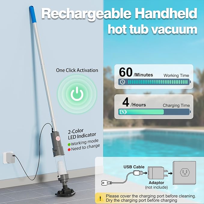 3 in 1 Cordless Spa Hot Tub Vacuum, Handheld Pool Vacuum for Small Above Ground Pool with 2 Brush Heads & 2 Filter Bags, 12 GPM Suction, 66.14" Pole, Rechargeable, 60min, One Click Activation
