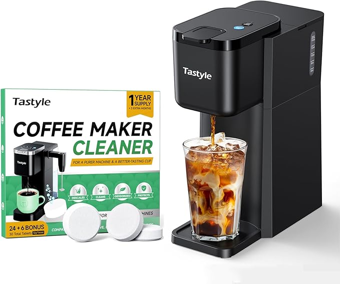 Tastyle Mini Hot and Iced Coffee Maker with 30 Descaler Cleaner Tablets, Single Serve Coffee Maker for K Cup and Grounds, 6 to 14 Oz Brew Sizes