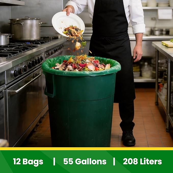 55-60 Gallon Compostable Trash Bags Liners, Heavy Duty Extra Thick 1.57 Mil, 208.2 Liter, 12 Bags, Lawn, Yard, and Restaurant Use, ASTM D6400, US BPI Certified
