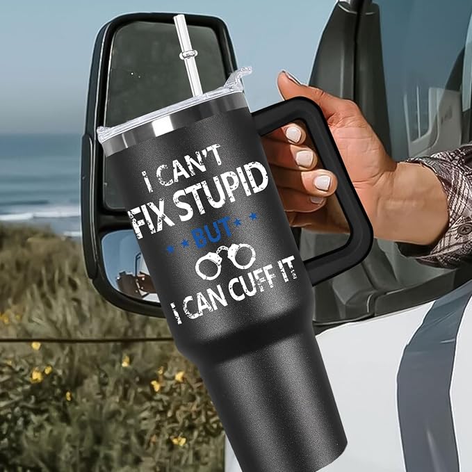 Ceovfoi 40 oz Tumbler with Handle lid and Straw, American Flag Blue Line Stainless Steel Dad Travel Tumbler Cup Mugs,Police Academy Graduation Gifts, Police Gifts for Men Dad
