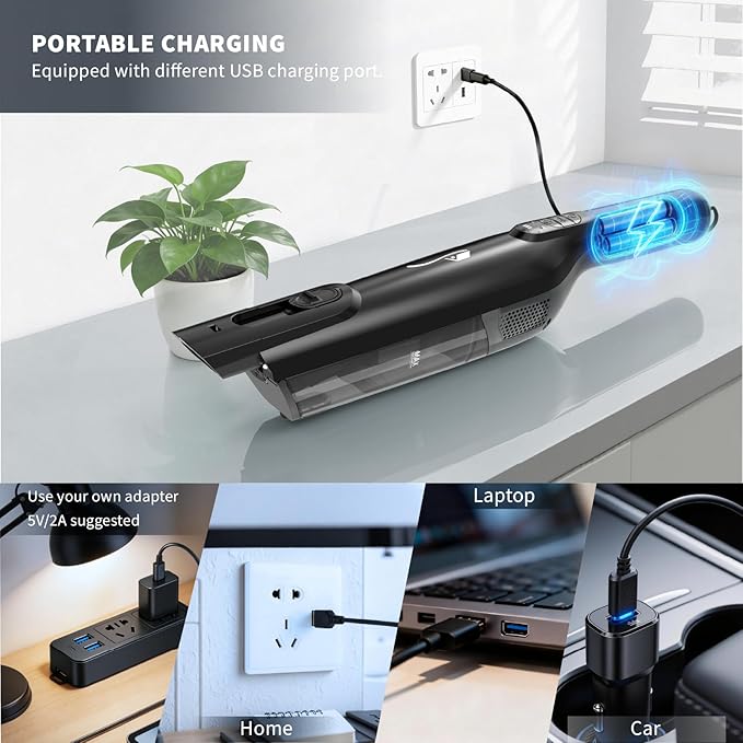 Cordless Handheld Vacuum, Lightweight Portable Hand Vacuum Cleaner with LED Light,Rechargeable Hand Held Vacuum with One-Touch Empty, Powerful Suction for Office,Home,Black