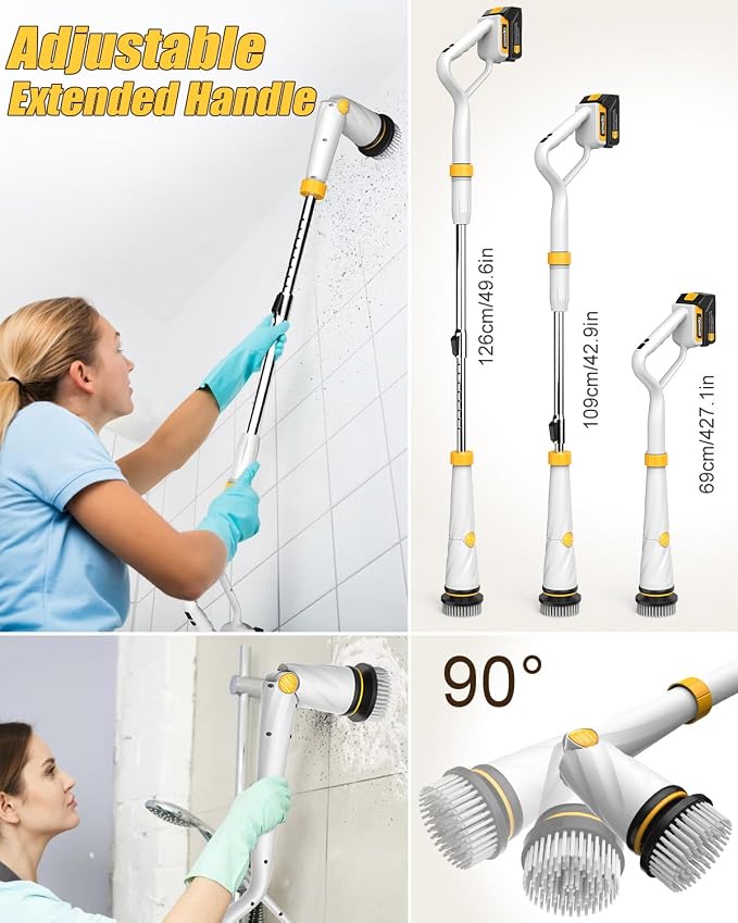 Qimedo Q2 Pro Electric Spin Scrubber, 1500 RPM High Power Cordless Shower Cleaner with Display & Effortless Handle, 16 Replacement Brush Heads Compatible with Qimedo, Leebein, Keimi, Alloyman, YKYI