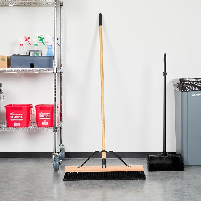 Restaurantware-Clean Tek Professional 24 Inch Push Broom, 1 Heavy-Duty Broom with 60” Handle - Fine Plastic Bristles, Durable, Wooden, Commercial Use, for Deck, Driveway, Garage, Yard, Patio