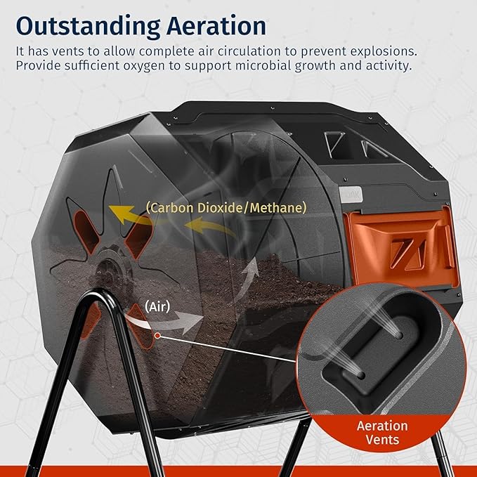 East Oak Compost Tumbler Outdoor, 43-Gal Dual Chamber Compost Bin with 2 Sliding Door and Aeration System, Tumbling Rotating Composter Bin for Garden, Kitchen, Yard