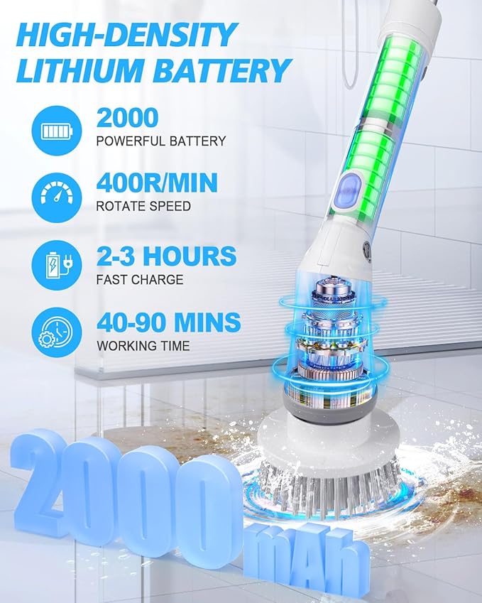 Electric Spin Scrubber Cordless Cleaning Brush, 2 Speed Shower Power Scrubbers for Cleaning Tub Tile, Spin Brush Cleaning for Bathroom Long Handle