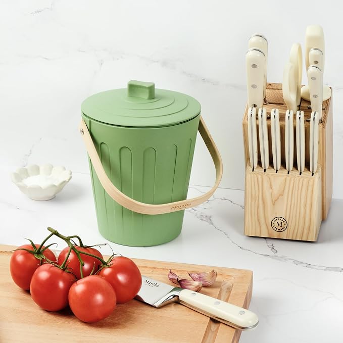 Martha Stewart Indoor Compost Bin Starter Bundle | Countertop Composting Bucket for Kitchen | .7 Gallon Capacity | Includes 6 Filters and Silicone Liner Bag | Plant Based Materials | Sage Green