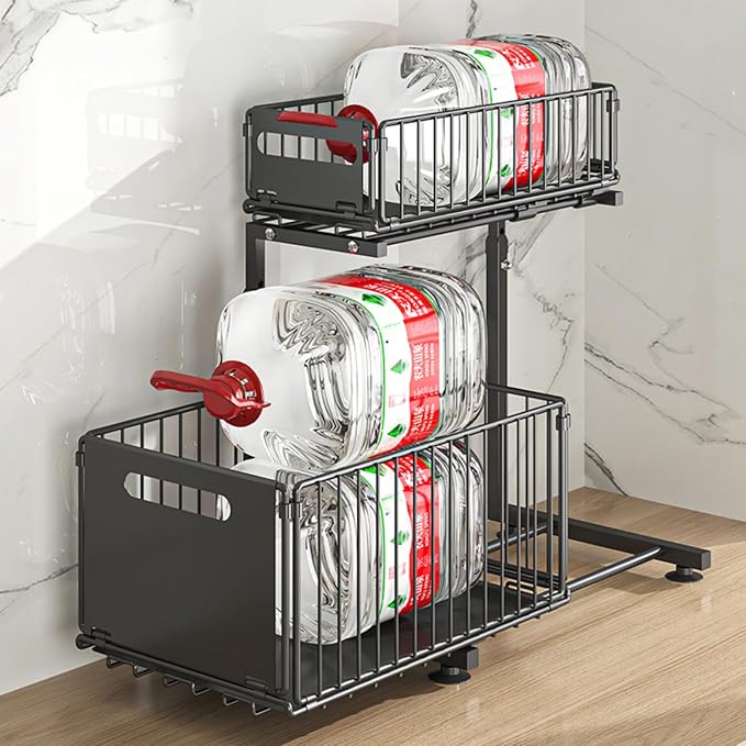 Under Sink Organizer, 2-Tier Multi-Use Kitchen and Bathroom Organizers and Storage, Slide Out Thickened Metal Under The Sink Organizer for Kitchen Bathroom Pantry (Style B Black, 2 Pack)