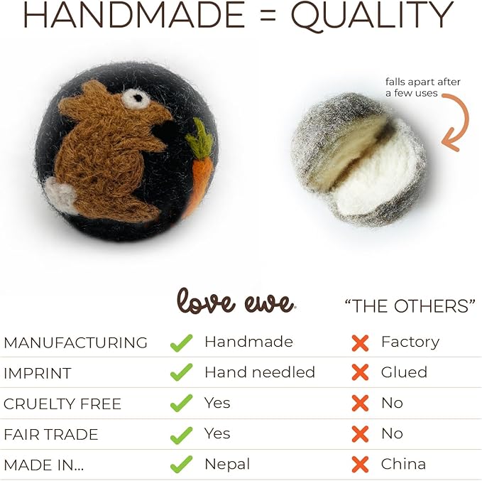 Hustle & Blush Wool Felt Balls 6 Pack, Love Ewe Pet Supplies - 2 inch Felted Wool Cat Toys Dragonfly & Duck, 100% New Zealand Wools Felt Cat Toys Handmade Wools Felts Balls - Cats Felts Ball
