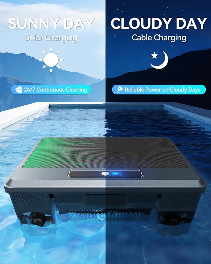 (2026 New) WAVIO Solar Powered Robotic Pool Skimmer Surface Cleaner with APP Support Dual Charging Options Smart Obstacle Avoidance 24/7 Continuous Cleaning Ideal for Above Ground Pools