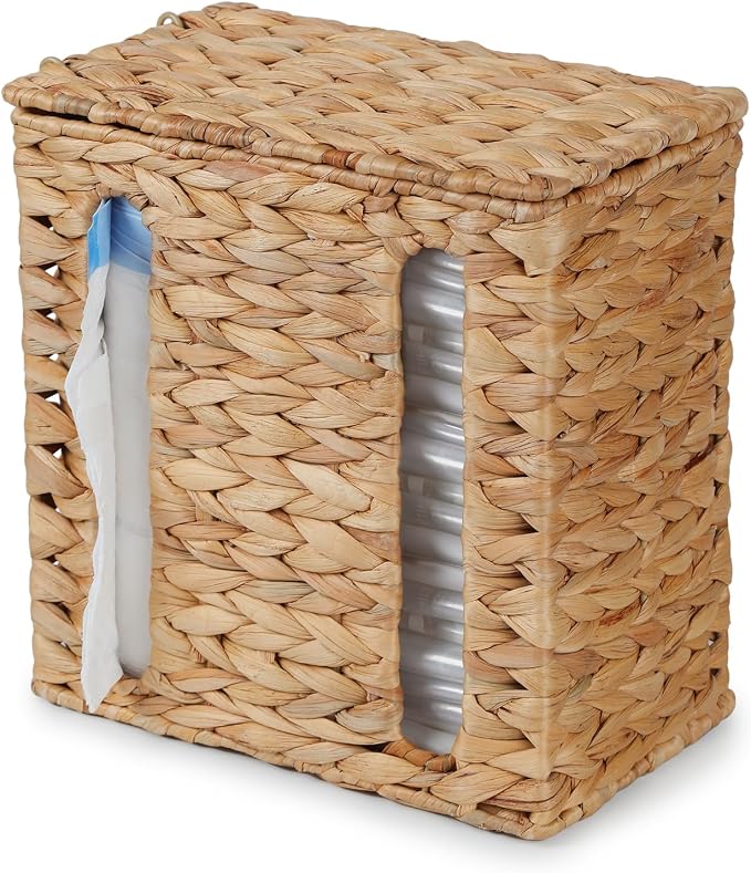 YANGQIHOME Water Hyacinth Trash Bag Dispenser with Lid | Plastic Bag Holder, Grocery Bag Holder, For Kitchen, Cabinet and Countertop, 2 Slots