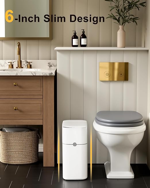 CTIME Family Bathroom Trash Can Set Includes a 2-Gallon Clean Trash Bin with a Toilet Brush, 12 pre-Soaked Disposable Brush Heads, a Small Bathroom Trash Can with Lid, and a Smart Trash can.