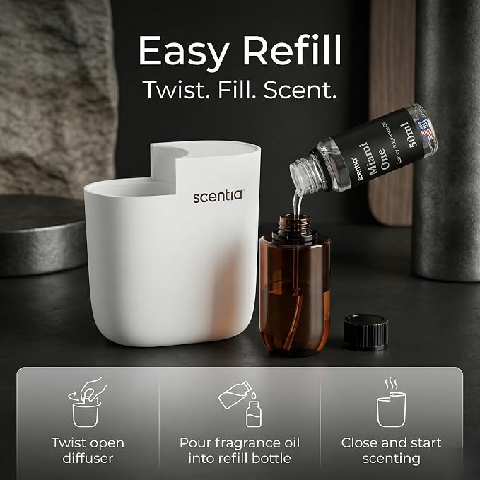 Scentia Waterless Plug-in Scent Diffuser with App Control, Cold-Air Fragrance Diffuser, 600 Sq Ft Coverage, Hotel-Inspired Essential Oil Included, Housewarming Gift – Scentia, White