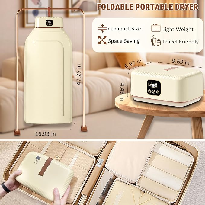 Portable Clothes Dryer, 8H Timer, w/Remote Control & Dry Bag, Mini Compact Foldable Fast Electric Dryer Machine for Laundry, Travel, Apartment, RV, Dorm, Quiet 45dB, Energy Save, 600W