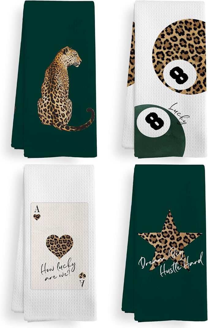 Trendy Leopard Cheetah Print Poker Lucky 8 Ball Decor Kitchen Towels and Dishcloths, Funky Dark Emerald Forest Green Leopard Decor Dish Hand Towels for Bathroom Kitchen Sets of 2, 16x24inch