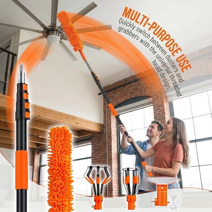 26FT Telescopic Light Bulb Changer for High Ceilings with 5-20FT Extension Pole, Flip-Tab Lock Universal Tool w/ Basket, Suction Cup, Grabber & Duster for Recessed, Ceiling Fans, Hard-to-Reach Lights