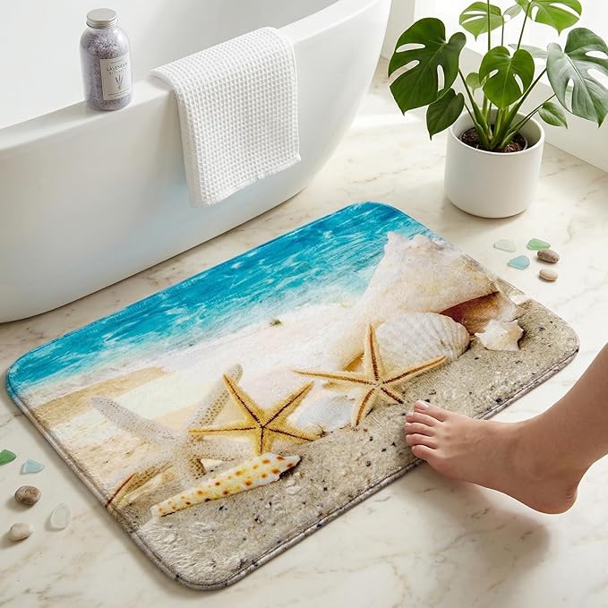 WODEJIA Non Slip Bath Rugs Sponge Foam for Bathroom,Soft Flannel Mat Rug for Living Room, Absorbent Water Clearance MatS for Forlaundry Room and Kitchen,Ocean Beach Themed Carpt 24x16 Inches