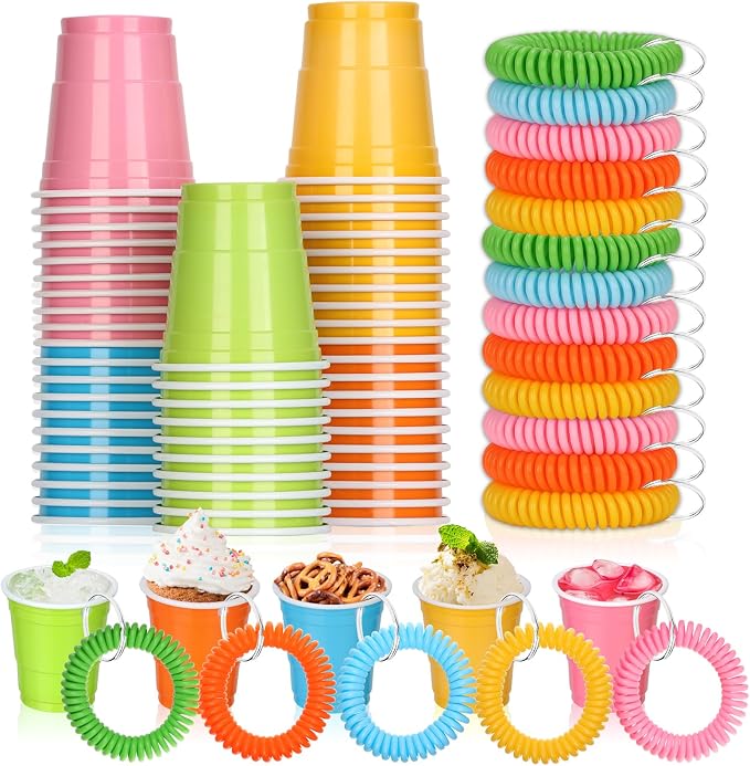 50 Pcs Multicolor Shot Cups with Wristband for Party 2oz Plastic Shot Glasses Bulk Disposable Mini Shot Glasses with Bracelet Wear On Solo Cups for Party Beer Sample Taste Serving Graduation Birthday