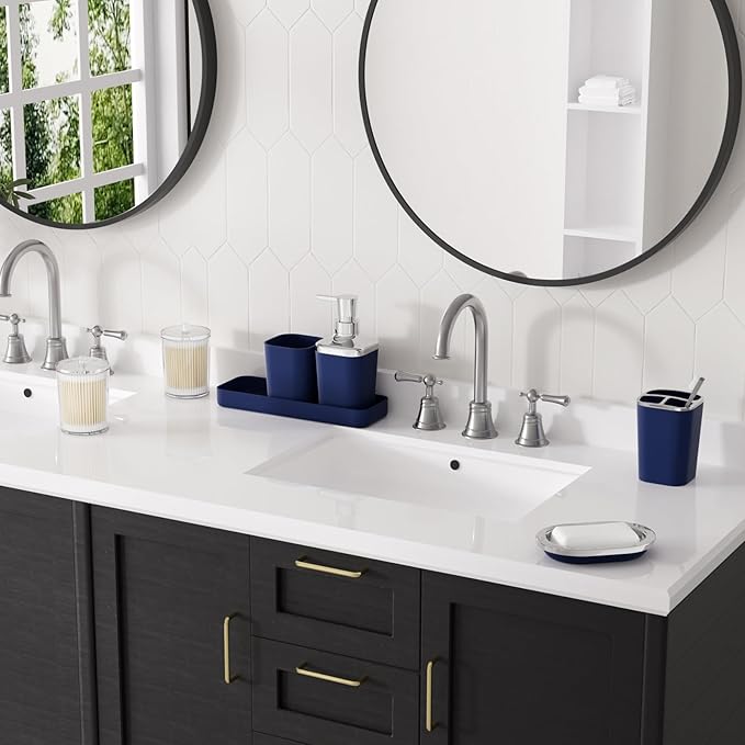 XLHOMO Navy Blue Bathroom Accessories Set, 9-Piece Plastic Gift Set with Trash Can, Toothbrush Holder, Toothbrush Cup, Soap Dispenser, Soap Dish, Toilet Brush Holder,2 Qtip Holder Dispensers and Tray