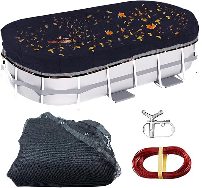 15 x 30 Foot Oval Above Ground Swimming Pool Leaf Net Cover With Winch and Cable, Winter Mesh Pool Cover Leaf Net for 15 X 30 FT Oval Above Ground Pools, Cover Size: 18 X 33 FT (Includes 3-ft Overlap)