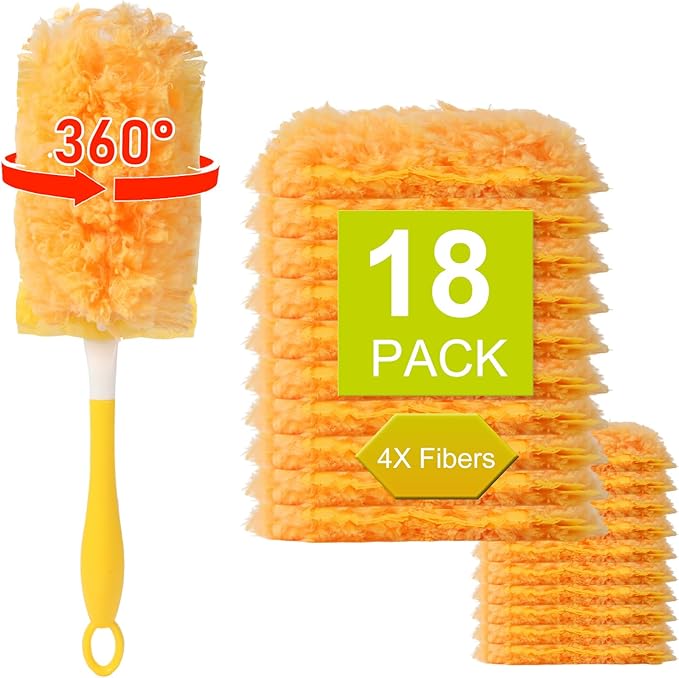 Heavy Duty 360° Duster Refills for Swiffer Duster, 2 Sided, 4X Microfibers, Disposable Multi Surface Dusters, 18 Count with 1 Handle