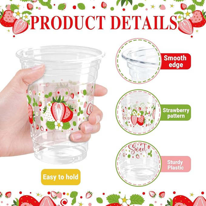 100 Pcs Strawberry Plastic Cups 12 oz Red and White Strawberry Disposable Clear Fruit Cold Beverage Cups for Birthday Baby Shower Summer Party Supplies Favors