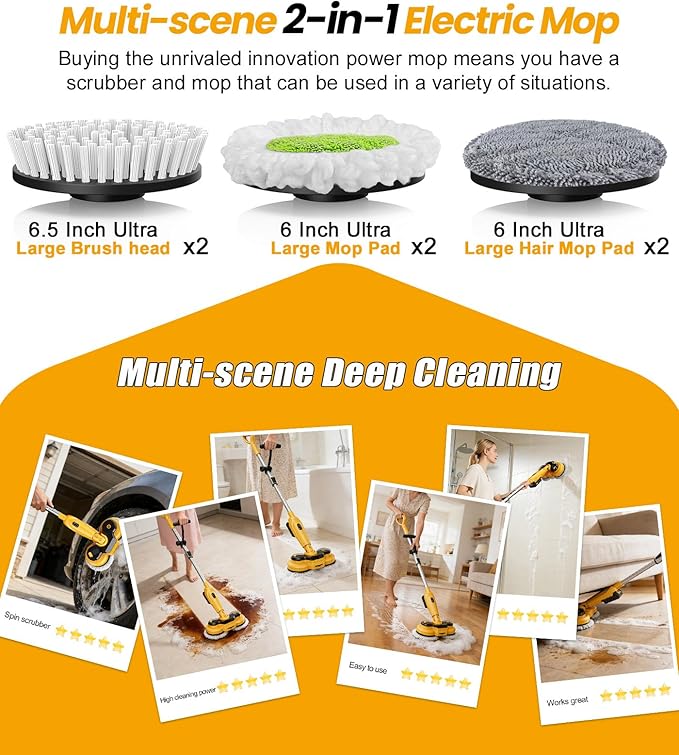 qimedo 6000mAh Battery Cordless Electric Mop M3, 800RPM Electric Power Scrubber & Mops for Floor Cleaning, Automatic Spin Mops with Smart Display,Rotating Mop with LED Light & Water Spray
