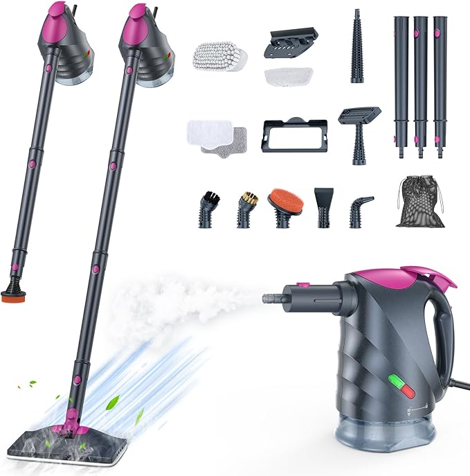 10-in-1 Steam Cleaner, Steam Mop with Detachable Handheld Steamer, 320ml Water Tank, 10s Fast Heating, Portable Steamer for Cleaning Floor, Tiles, Kitchen, Window, BBQ Grill, Car, Gray