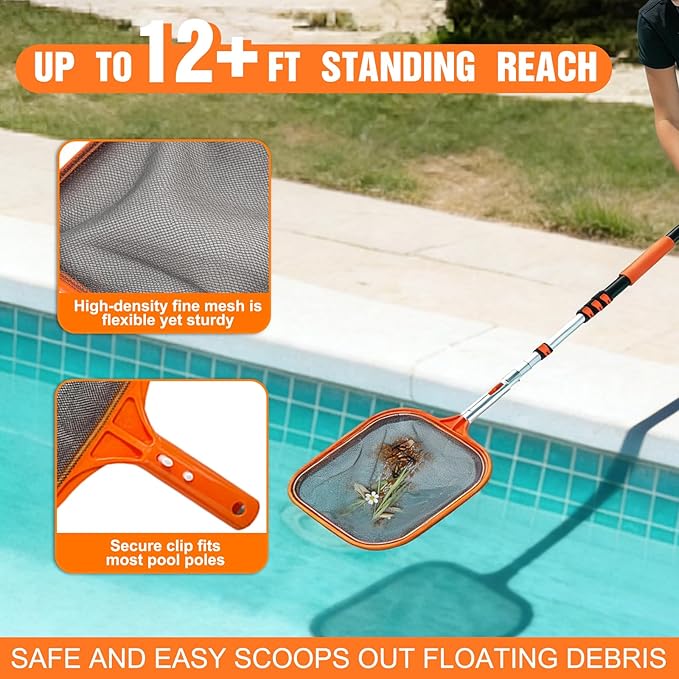 LAANPOLE 4-in-1 Pool Skimmer Net with Pole, Heavy Duty Pool Net and Fine Mesh Leaf Skimmer Net for Above Ground Pool, 12FT Telescopic Pool Pole with Professional Pool Net and Pool Hook for Cleaning