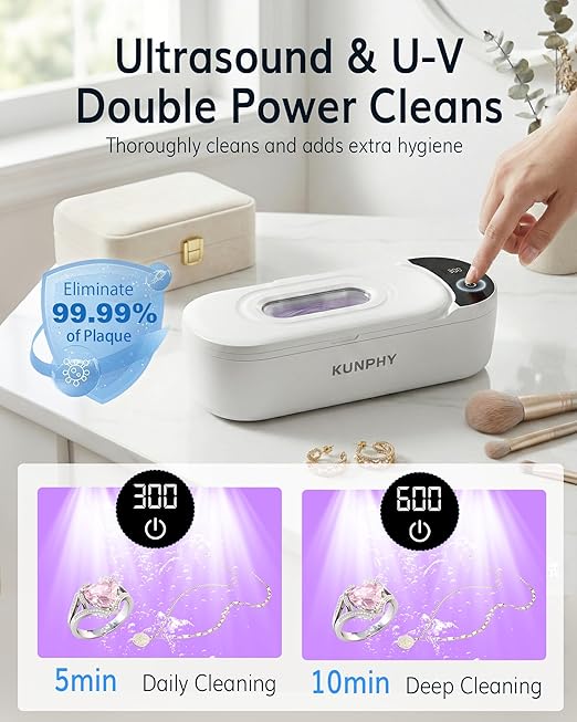 KUNPHY Jewelry Cleaner, 48KHz U-V Ultrasonic Cleaner Machine with Digital Display, Dual Cleaning Modes, 304 Stainless Steel Tank for Jewelry, Eyeglasses, Rings, Retainers, Dentures