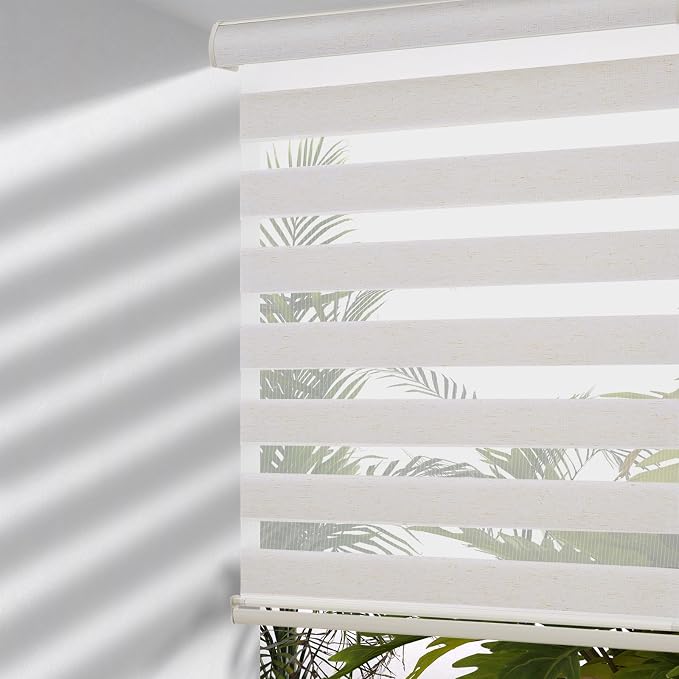 MYshade Cordless Zebra Blinds with Free-Stop Function - Dual Layer Light Filtering & Privacy Sheer Shades for Day and Night - Easy Install Window Shades for Home, Living Room, 28" W x 64" H,Beige
