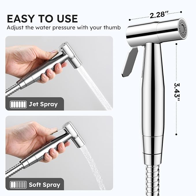 Arofa Chrome Handheld Bidet Sprayer for Toilet - Stainless Steel Cloth Diaper Jet Spray, Adjustable Water Pressure Control With Spray Hoses for Baby/Feminine Wash