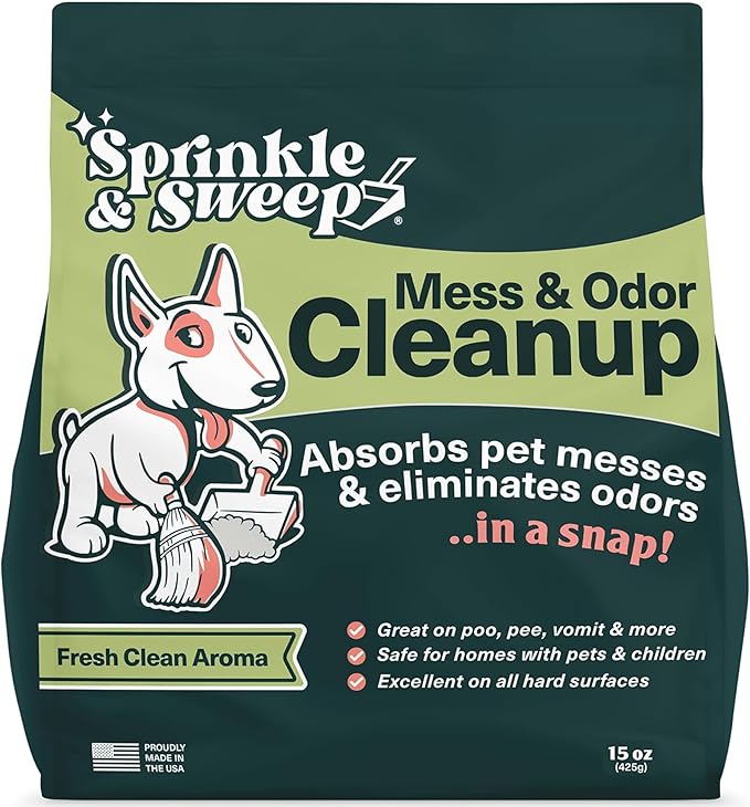 Sprinkle & Sweep: Pet Mess & Odor Cleanup - 4 Pack, 15oz Bags - Dog Accident Clumping Powder, Remove Pee-Poo-Vomit From Hard Surfaces, Ultra-Absorbent