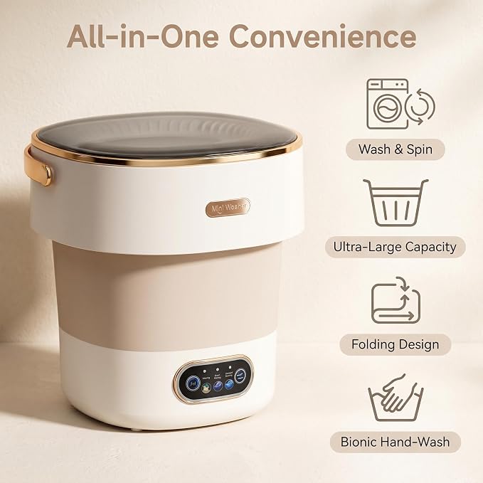 Portable Collapsible Mini Washer with 3 Cleaning Modes & Drain Basket, 16L Foldable Small Laundry Machine for Travel Camping Dorms RV Apartments, Baby Clothes Underwear Socks Delicates (khaki)