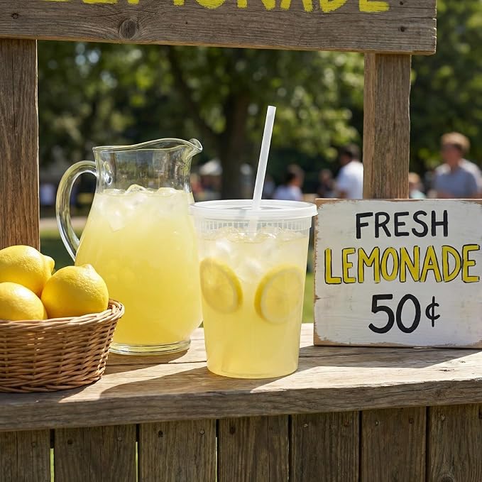 25 Set Lemonade Stand Supplies with Leak-proof 32oz Plastic Cups & Lids, Straws, Straw Hole Puncher - for Outdoor Drink Stall, Summer Party & Fast Food Business, Concession Business