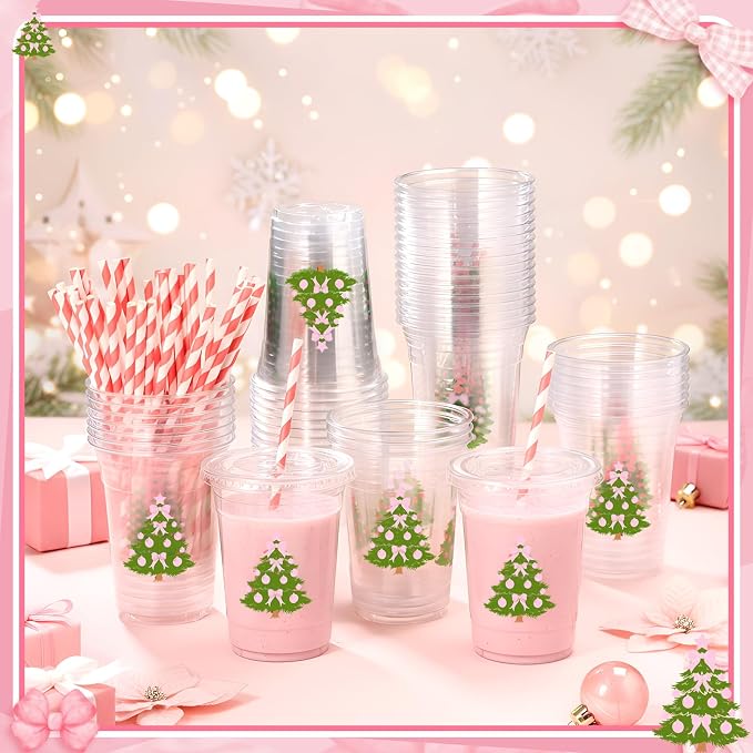 Sliner 50 Pcs 16 oz Coquette Disposable Plastic Cups with Straw for Party Supplies Bow Cups Birthday Wedding Bridal Engagement Party Drinkware Baby Shower Decoration (Christmas Tree)